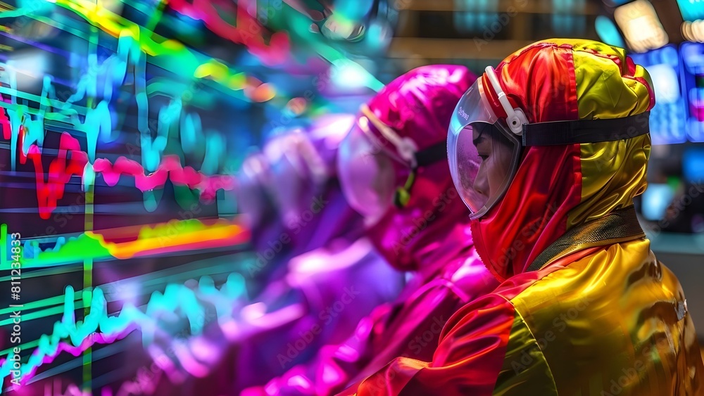 Obraz premium Colorful traders on bustling stock market floor symbolize dynamic business environment. Concept Stock Market, Traders, Business Environment, Colorful, Dynamic