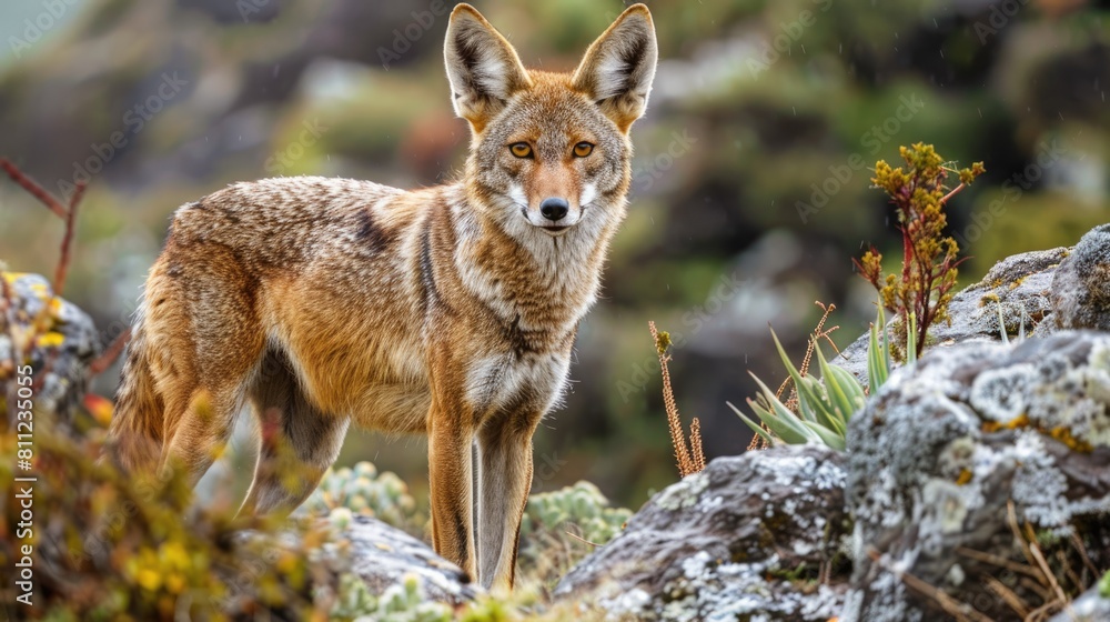 Obraz premium Portrait of the Endangered Ethiopian Wolf in its High-altitude Habitat of Bale Mountains