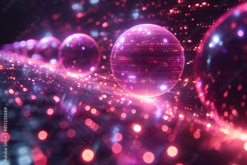 This image showcases a stunning array of glowing pink spheres scattered across a digital landscape reminiscent of a circuit board This image showcases a stunning array of glowing pink spheres scattered across a digital landscape reminiscent of a circuit board