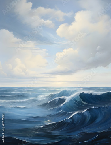 Painting of a painting of a sunset over a large body of water generative ai,Realistic Ocean Waves in the Middle of the Sea Oil Painting Style 