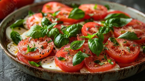 Capture the crispness and freshness of a plate of caprese salad, featuring ripe tomatoes, creamy mozzarella, and fragrant basil.