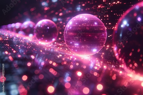 This image showcases a stunning array of glowing pink spheres scattered across a digital landscape reminiscent of a circuit board © Larisa AI