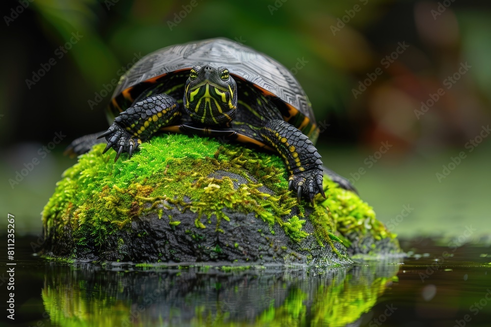 Fototapeta premium Resting Bog Turtle on Mossy Stone in Pond: A Vivid Display of Water Reptile's Unique Shell