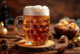 Mug of beer with foam and christmas decorations on wooden background