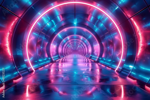 The image showcases a futuristic corridor bathed in neon lighting, symbolizing progress and cutting-edge technology © Larisa AI