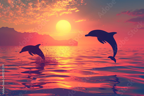 silhouette of dolphins jumping above sea in sunset light