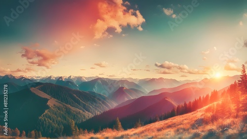 panoramic-view-of-colorful-sunrise-in-mountains-filtered-imagecross-processed-vintage-effect photo