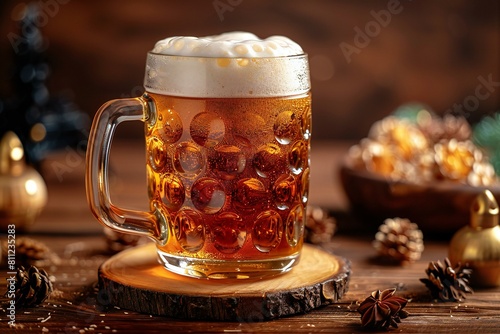 Mug of beer with foam and christmas decorations on wooden background