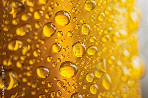 Drops of water on a yellow bottle close-up macro photography