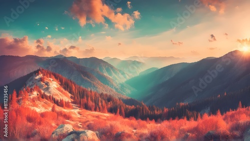 panoramic-view-of-colorful-sunrise-in-mountains-filtered-imagecross-processed-vintage-effect photo