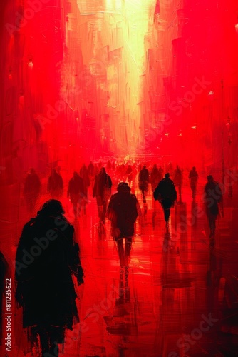 A large group of people walking down a street in the dark, AI
