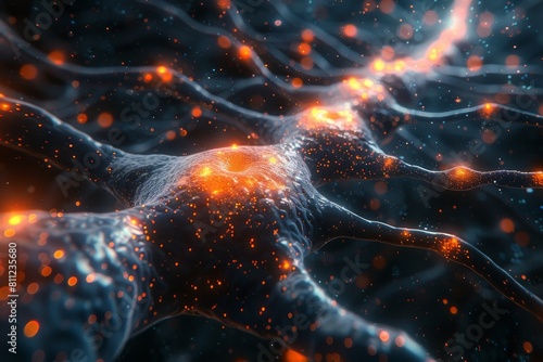 A vivid depiction of a neural network s nodes  aglow with orange highlights indicating activity