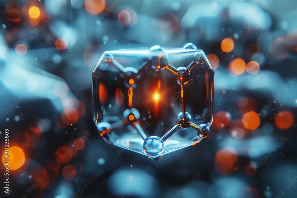 A crystal-clear cube showcasing a molecular structure within, surrounded by soft glowing bokeh lights A crystal-clear cube showcasing a molecular structure within, surrounded by soft glowing bokeh lights