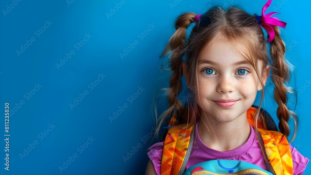 Portrait of happy schoolgirl with backpack on blue background Back to school. Concept Back to School, Schoolgirl Portrait, Blue Background, Backpack, Happy Expression Portrait of happy schoolgirl with backpack on blue background Back to school. Concept Back to School, Schoolgirl Portrait, Blue Background, Backpack, Happy Expression