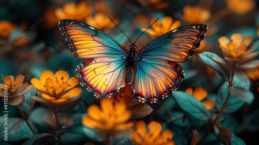   A butterfly on a flower with yellow petals against a blue backdrop