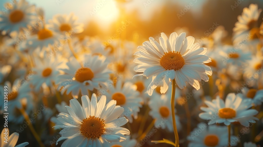 Sunlit Meadow of White Daisies at Sunset: A Picturesque Spring Scene