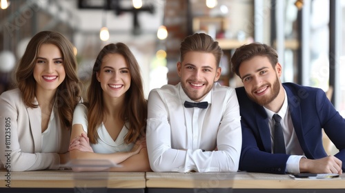 Cheerful business people working together in modern office. Group of young business people sitting at the table and smiling. hyper realistic 