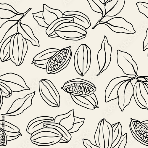 Line art cacao background. Hand drawn cocoa beans