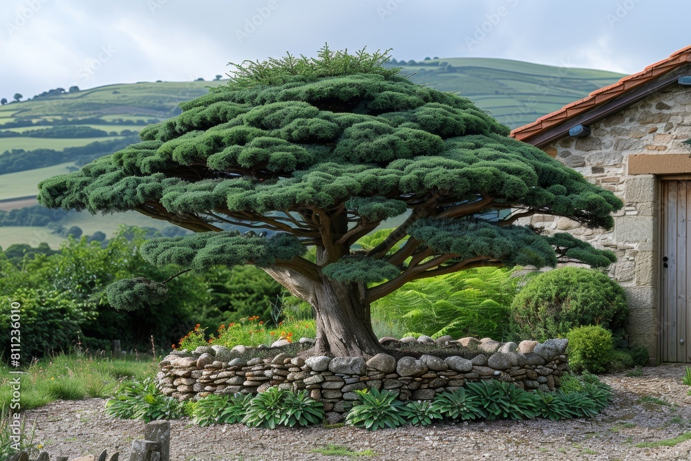 Fototapeta premium Majestic Atlas Cedar Tree in a Lush Garden with Rolling Hills and Stone Wall