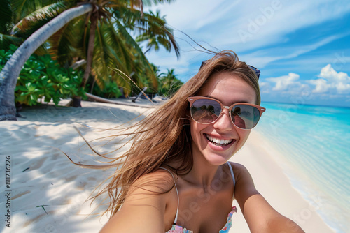Beautiful woman in sunglasses taking selfie photo on tropical beach