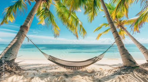 A serene beach scene featuring a hammock strung between palm trees, overlooking the clear blue waters of a tropical paradise, inviting relaxation and peace