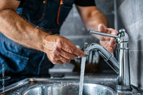 A man standing at a kitchen sink, washing his hands under running water from the faucet, A handyman fixing a leaky faucet