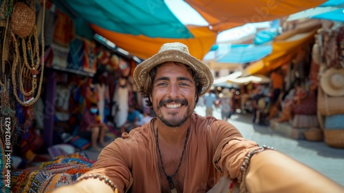 Happy Tourist Capturing Selfie at Jamaa el-Fna Market in Marrakech photo