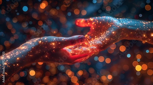 Futuristic Touch of Hands with Sparkling Particles and Bokeh Background