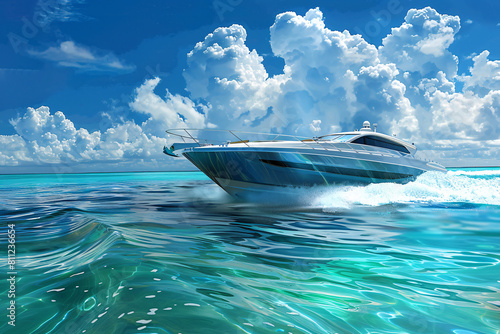 Modern white fast boat in the tropical blue sea with copy space