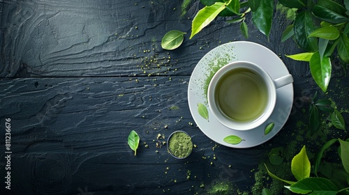 Green tea in a white cup on a black wooden table.