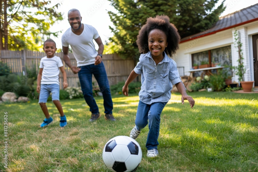 A man and two children happily playing with a soccer ball in a park, A happy family of three playing a friendly game of soccer in the backyard A man and two children happily playing with a soccer ball in a park, A happy family of three playing a friendly game of soccer in the backyard