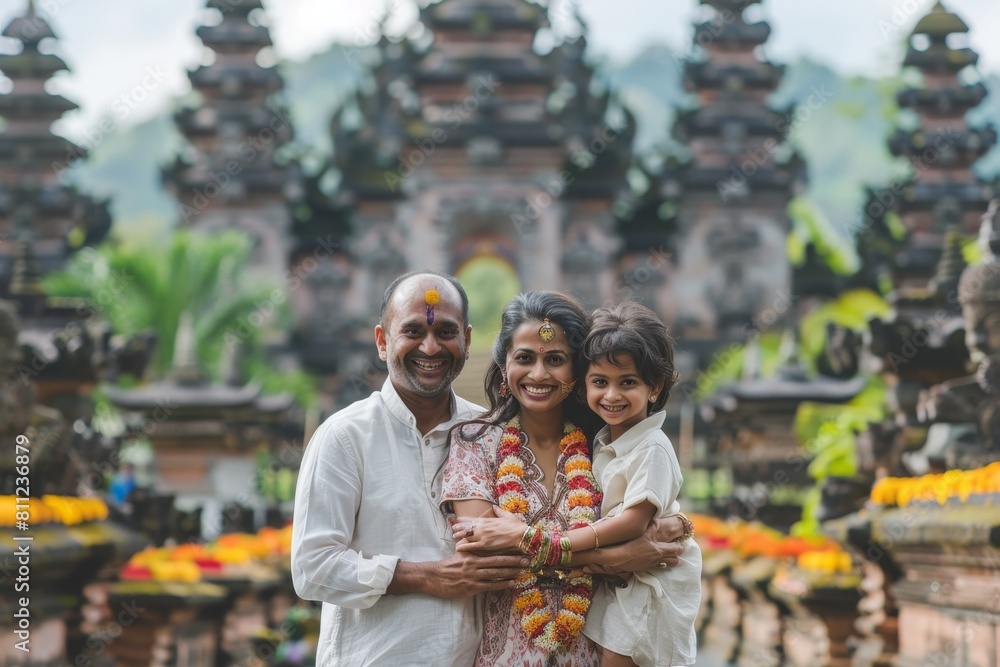 A joyful family stands together, posing for a picture outside a beautiful temple, A happy family posing for a portrait outside a stunning temple A joyful family stands together, posing for a picture outside a beautiful temple, A happy family posing for a portrait outside a stunning temple