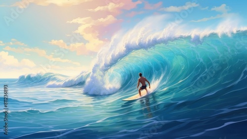 A surfer swims toward a huge wave. Concept of summer. © dasha122007