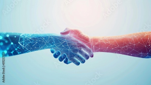 Panoramic Teamwork,empathy,partnership and Social connection in business join hand together concept. Generative AI hyper realistic  © Johannes