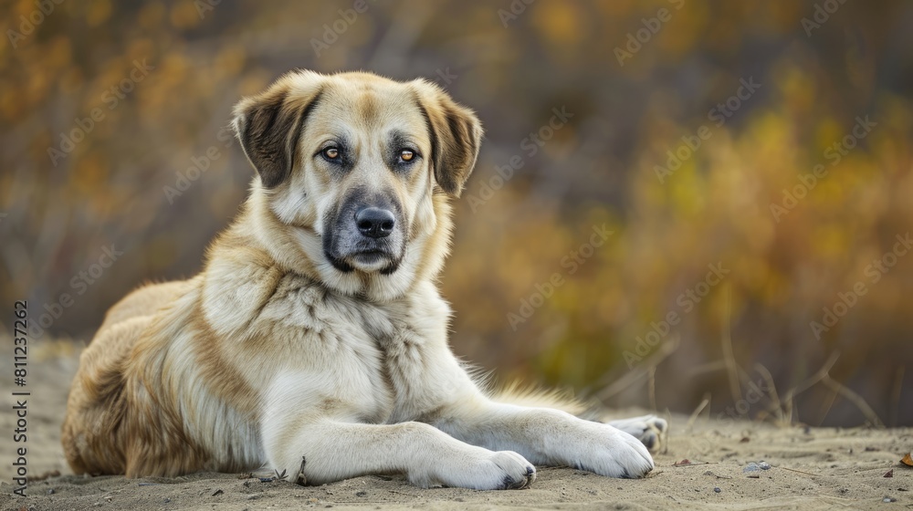 Noble and Fearless: Young Anatolian Shepherd Dog in Watchdog Posture, Lying in White, Brown Noble and Fearless: Young Anatolian Shepherd Dog in Watchdog Posture, Lying in White, Brown