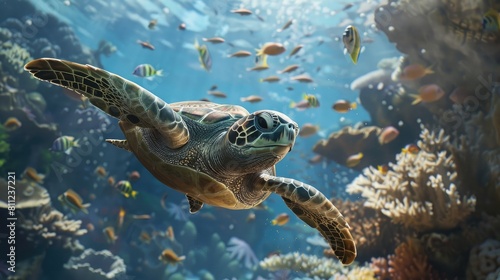 a sea turtle gliding gracefully near a coral reef, myriad of fish in the background, ambient sunlight realistic