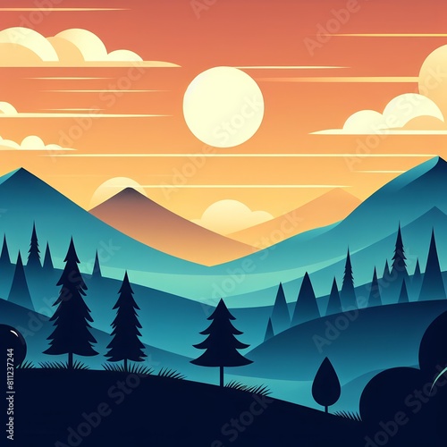 Illustration of a simple landscape with mountains, sun, and trees - Minimalist landscape poster