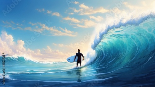 A surfer swims toward a huge wave. Concept of summer.