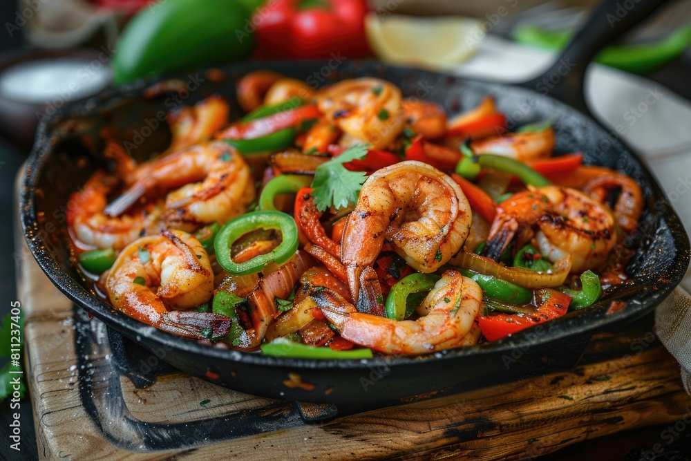 Shrimp Fajitas Dish on a Skillet: Delicious American Cuisine in Kitchen Shrimp Fajitas Dish on a Skillet: Delicious American Cuisine in Kitchen