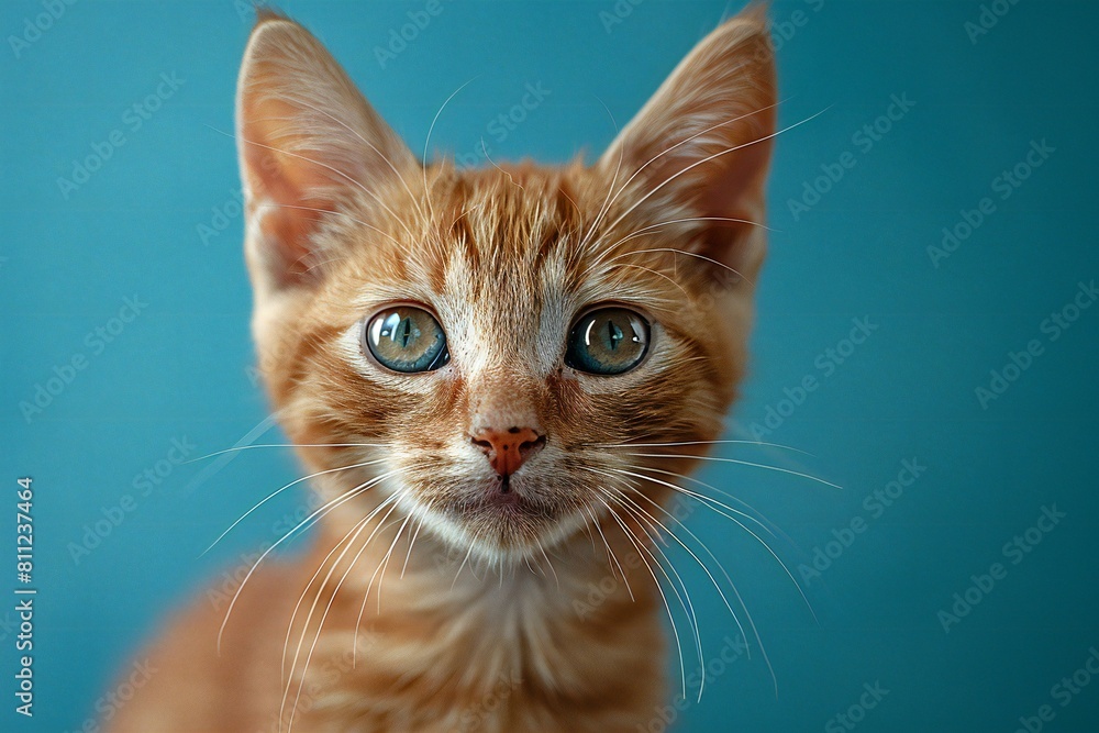 Portrait of ginger cat with blue eyes on a blue background