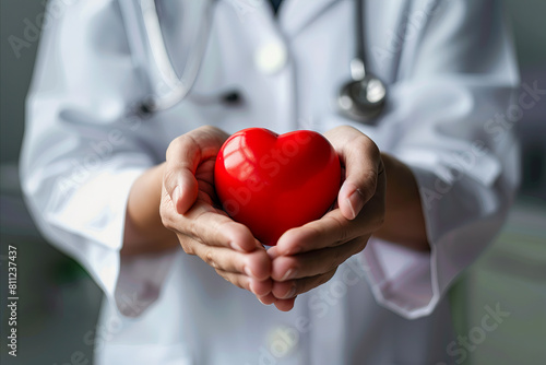 A doctor holding a red heart in his hands.