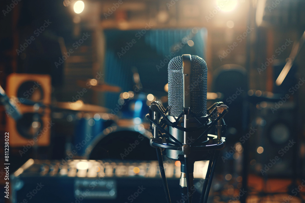 Close up of microphone in sound recording studio with copy space for text Close up of microphone in sound recording studio with copy space for text