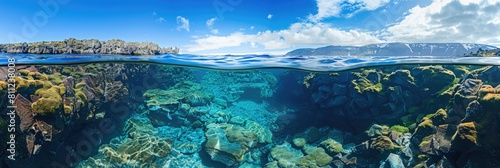 Silfra  Panoramic Underwater View of Iceland s Glacial Spring Canyon with Crystal Clear Blue Waters