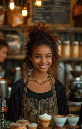 Joyful barista serves coffee to customers at caf   counter with enthusiasm and warmth