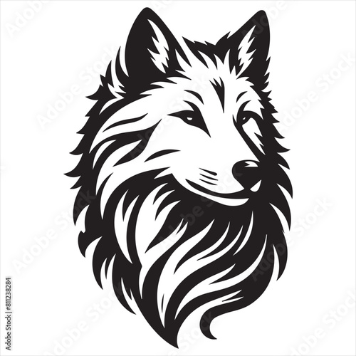 Wolf head is shown in black and white with a more realistic silhouette on white background