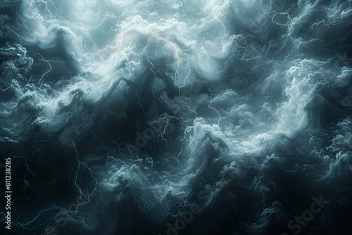Black Storm Clouds with Lightning and Smoke, Blue and White Ocean Wave Illustration on Seamless Background Template Concept Ocean Waves Blue Illustration © A