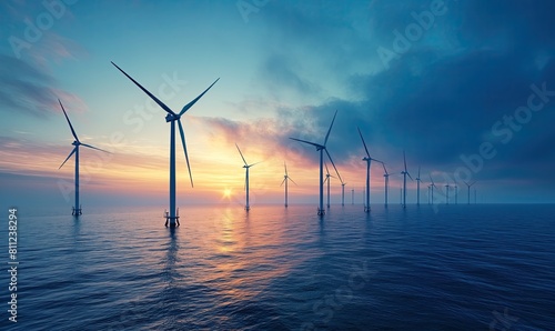 Wind Turbines in Ocean at Sunset.