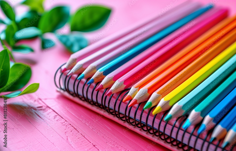 Pink backdrop featuring spiral notebook and vibrant colored pencils adds creative charm and inspiration Pink backdrop featuring spiral notebook and vibrant colored pencils adds creative charm and inspiration