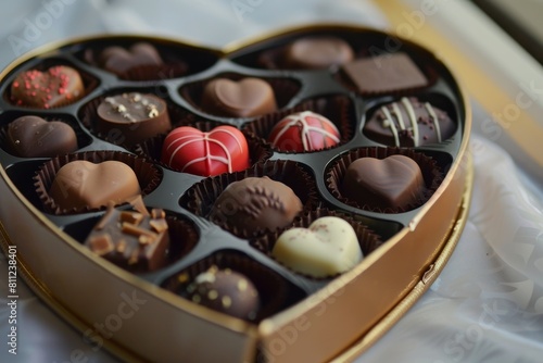 A heart-shaped box filled with various flavors of chocolates, arranged beautifully, A heart-shaped box of chocolates with assorted flavors © Iftikhar alam