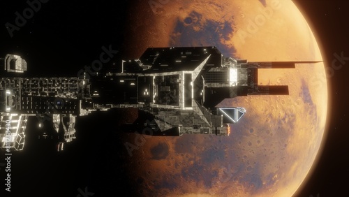 3D Illustration of Heavy Space Cruise Ship Going to Planet Mars 4K Stock Image